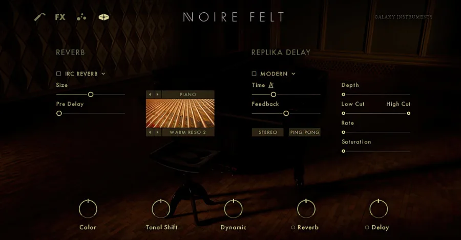 Noire Kontakt library interface with felt piano sounds