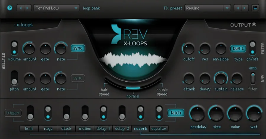 Rev-X Loops Kontakt library interface showing reversed audio loop collection