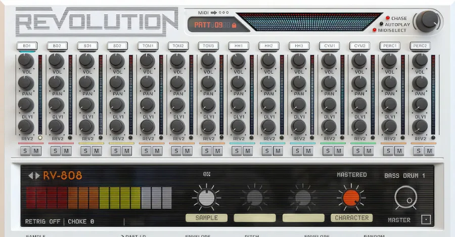 Revolution Wave Alchemy Kontakt library interface with vintage drum machine emulations