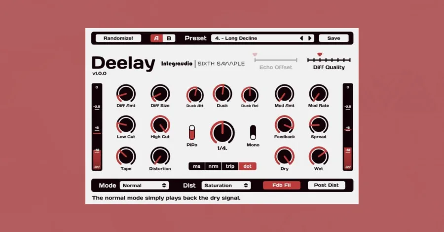 Integraudio Deelay delay plugin with diffusion, distortion, and modulation controls