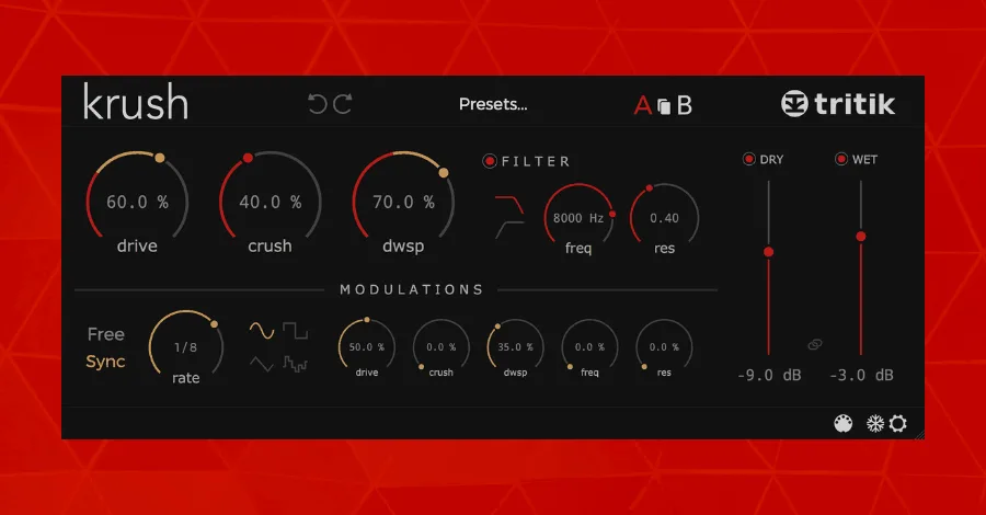 Tritik Krush bitcrusher plugin interface with modulation controls