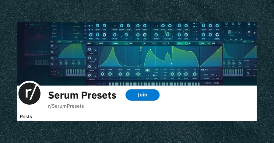 r/SerumPresets community subreddit showing a collection of user-shared preset posts