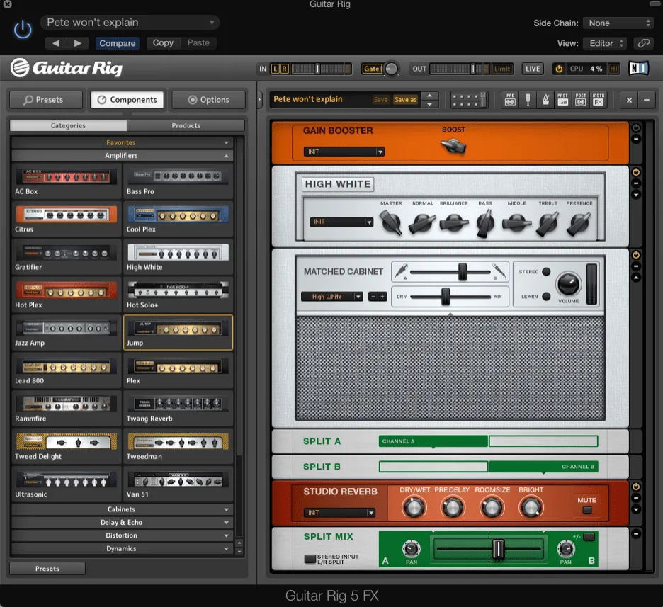 Native Instruments Guitar Rig interface showing amp and effects rack