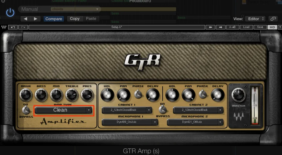 Waves GTR Amp plugin interface with Clean Amp settings highlighted