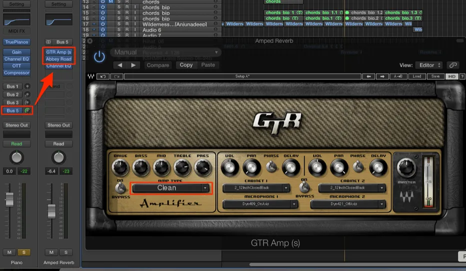 Signal chain showing Waves GTR Amp placed before reverb plugin on a reverb bus