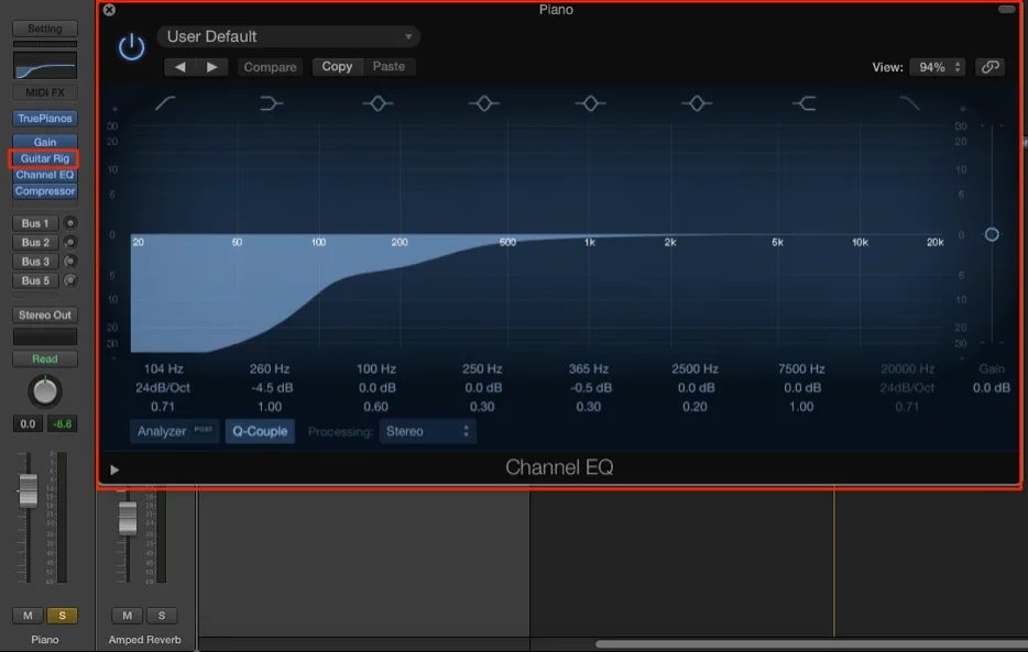 Guitar Rig inserted directly onto a channel strip in Logic with EQ following