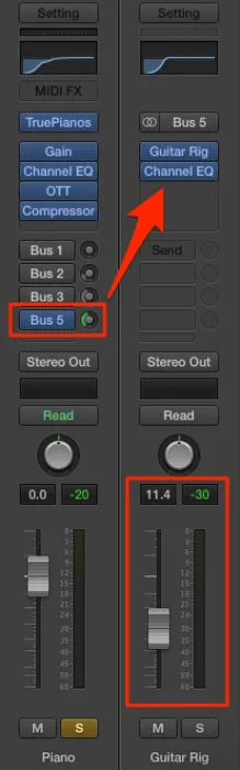 Logic Mixer showing send channel routing for Guitar Rig