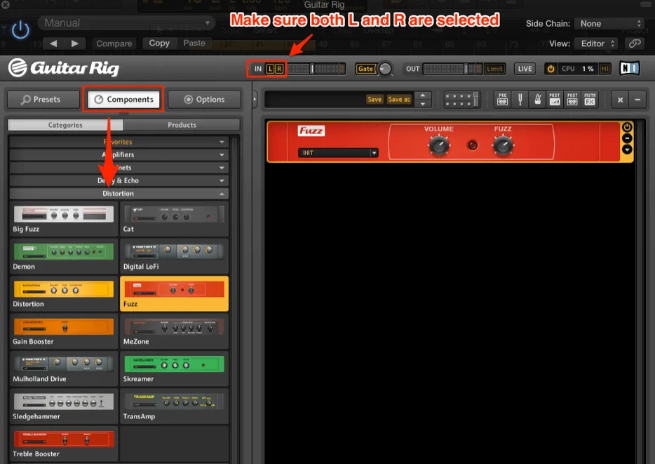 Native Instruments Guitar Rig showing distortion component selected with L/R enabled