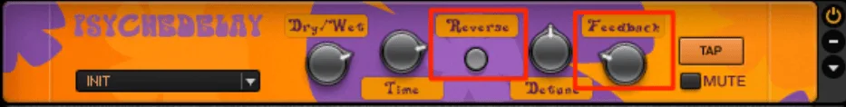 Native Instruments Guitar Rig Psychedelay settings with Feedback and Reverse highlighted