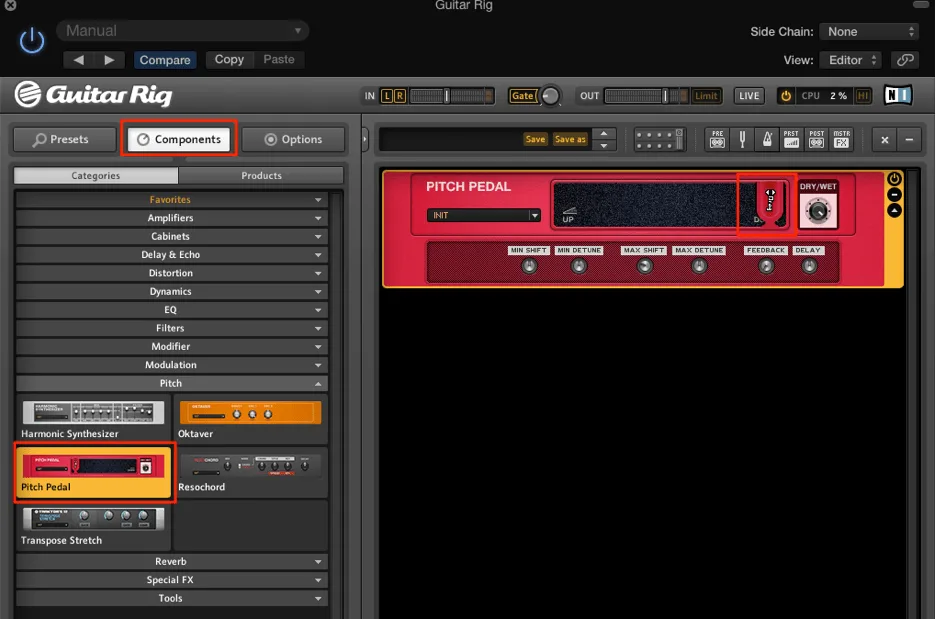 Native Instruments Guitar Rig Pitch Pedal selected in the components section