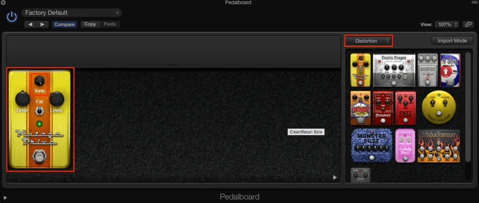 Logic Pedalboard showing distortion plugin options in dropdown menu