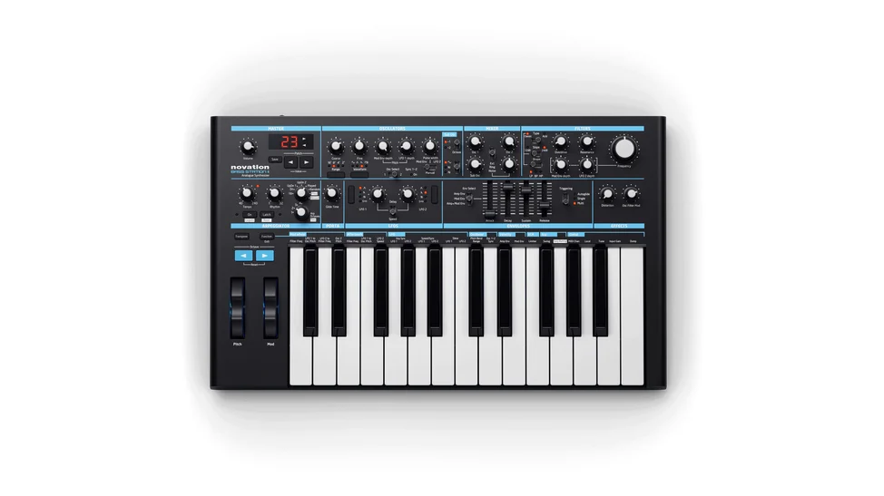 Novation Bass Station II analog synthesizer with 25 full-size keys, top view