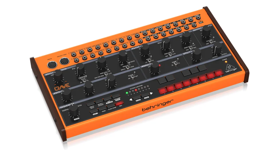 Behringer Crave semi-modular analog synthesizer in orange with patch bay and step buttons