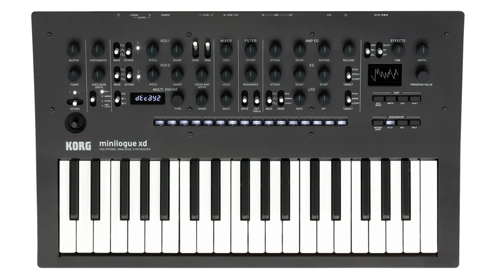 Korg minilogue xd hybrid polyphonic synthesizer with 37 slim keys, top view