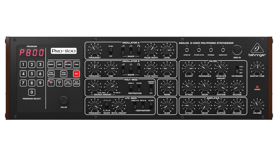 Behringer Pro-800 8-voice analog polyphonic synthesizer module with wood end cheeks