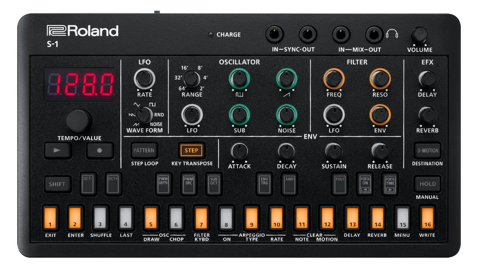 Roland S-1 compact synthesizer with step pads and colored knobs, top view