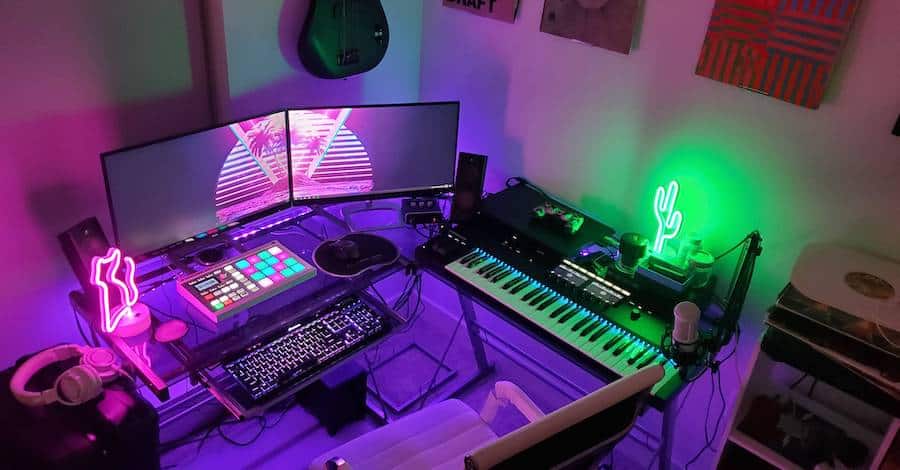 Imgur LED studio, Miami Vice vibes with overly bright lights and multi-screen background