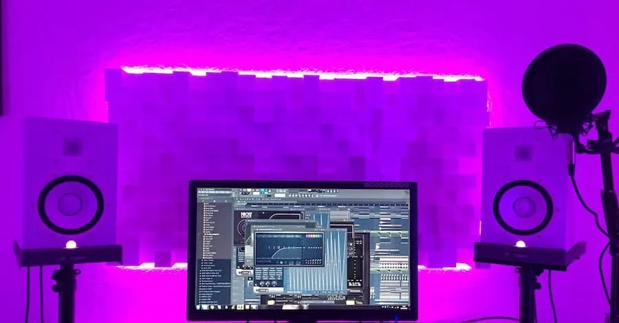 French music producer's studio, awesome accent lighting from a compact setup