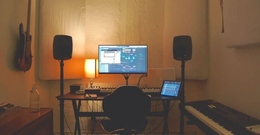Twitter cave studio, soft canvas acoustic panels with warm lighting