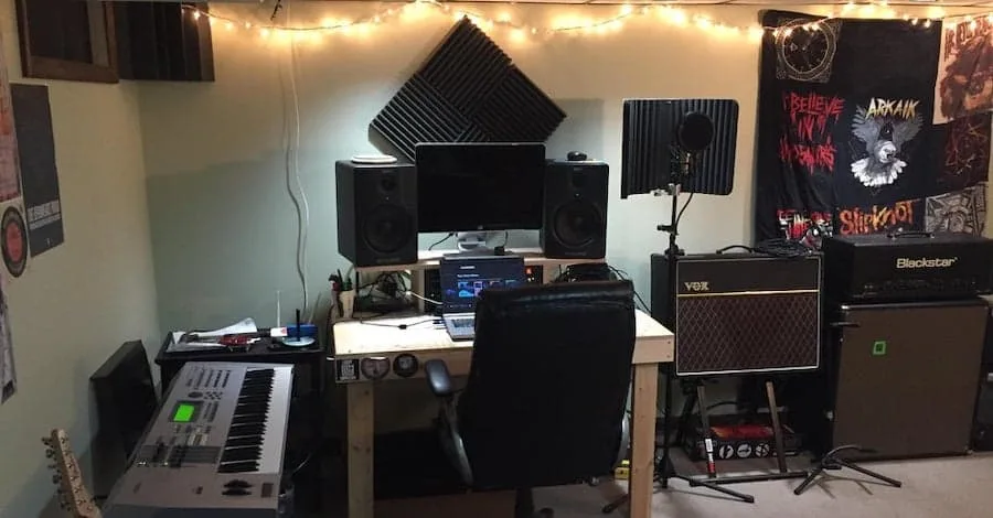 Reddit home studio, bass traps, acoustic panels and Christmas lights in a cave setup