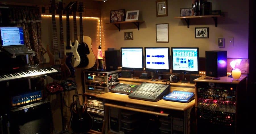 Pinterest basement studio, compact setup with accent lighting