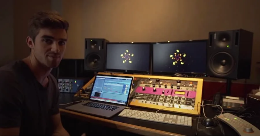 The Chainsmokers studio, optimized for laptop production with dual screens and minimal hardware