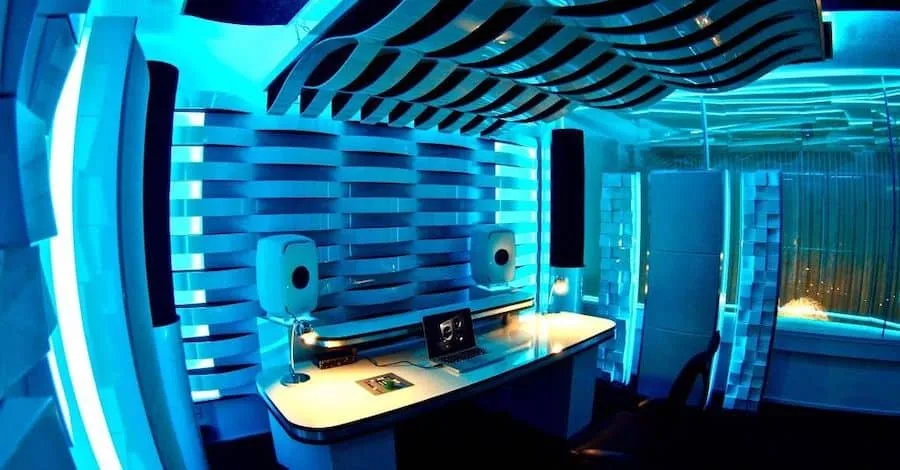 Martin Garrix's studio, LED lit, futuristic and minimal with emphasis on acoustics