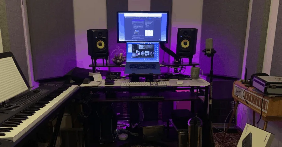 Dana Haynes' studio, keyboard within arm's reach for playing through ideas instantly