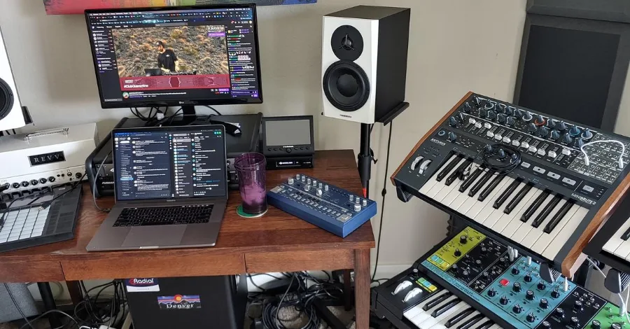 John O'Brien's studio, hardware synths front and center for hands-on playing
