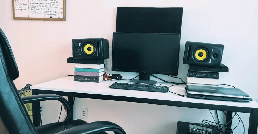 Ryan Cossoff's studio, makeshift speaker stands proving you don't need everything fancy