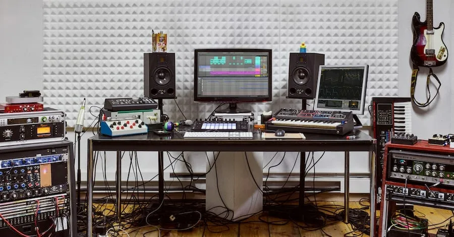 Ableton creative space messy studio, organized chaos in full effect