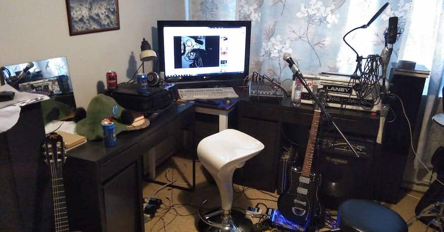 Imgur messy studio, energy drink cans and equipment suggesting serious late-night sessions
