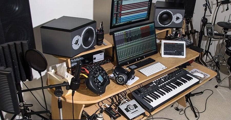 Sustainpunch.com studio, messy because of sheer gear volume, clearly built by a true music lover