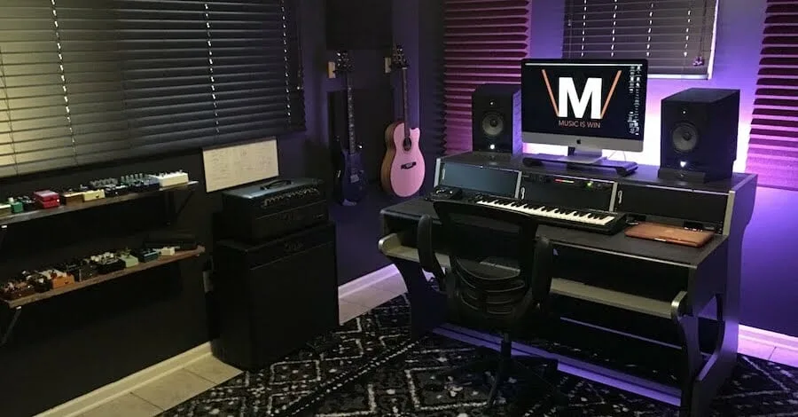 YouTube minimal studio, guitar pedals on invisible shelves in a clean, mood-boosting setup