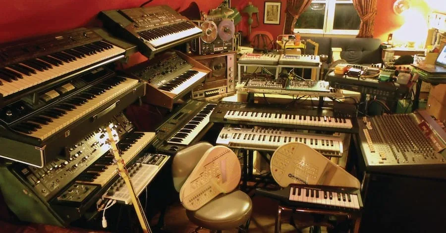 MusicTech Steve Cain studio, 14+ synths with a Roland SH-5 as the crown jewel