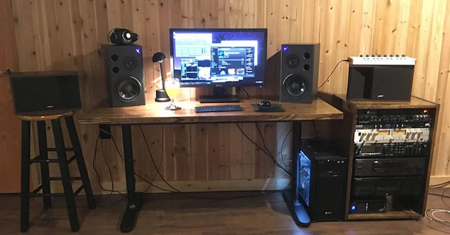 The Home Route wood studio, IKEA hack with custom oak rack, Alesis monitors and Focusrite interface