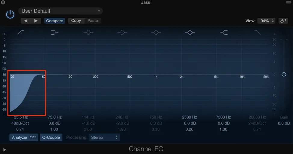 FabFilter Pro-Q EQ interface showing steep curve causing phase buildup on low frequencies