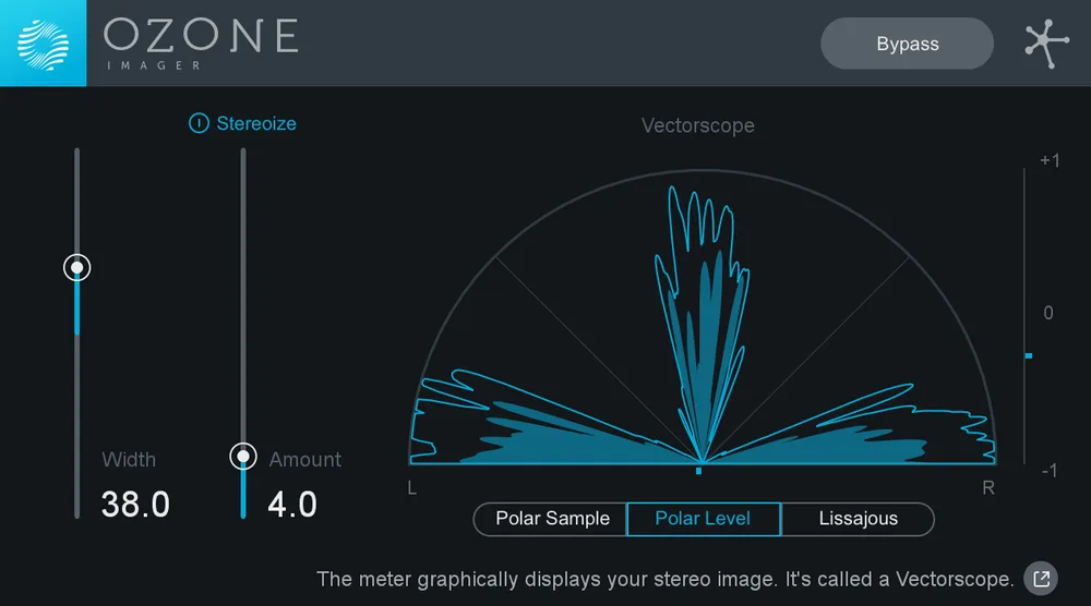 iZotope Ozone Imager plugin showing polar level stereo visualization