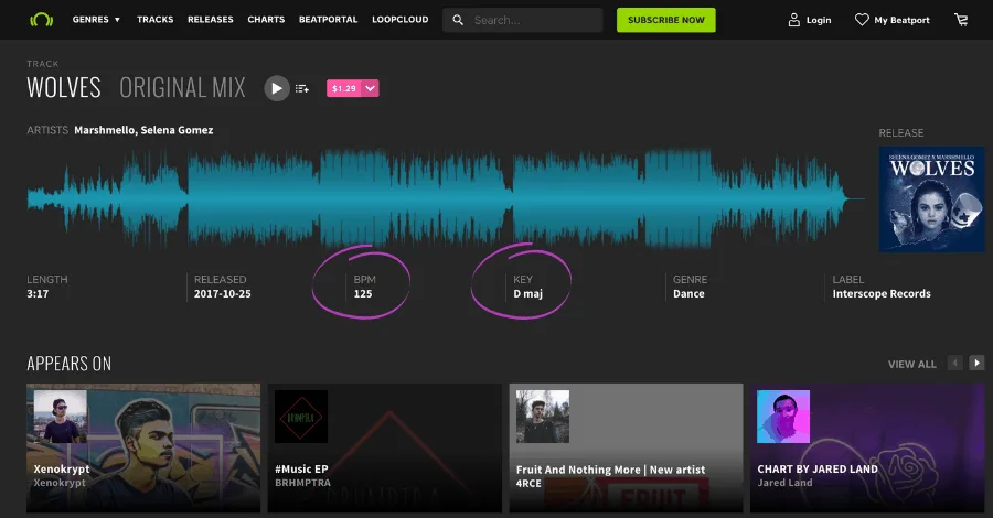 Beatport track listing showing BPM and key information for finding a song's tempo and key