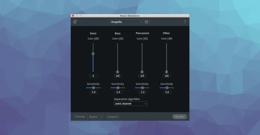 iZotope RX Music Rebalance interface showing stem separation controls for creating an acapella