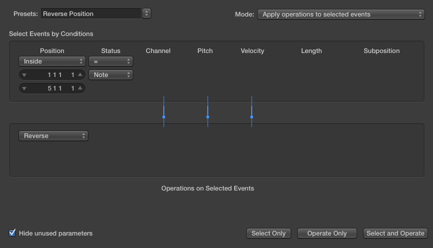 Logic Pro piano roll with MIDI reversed using the Reverse Position transform function