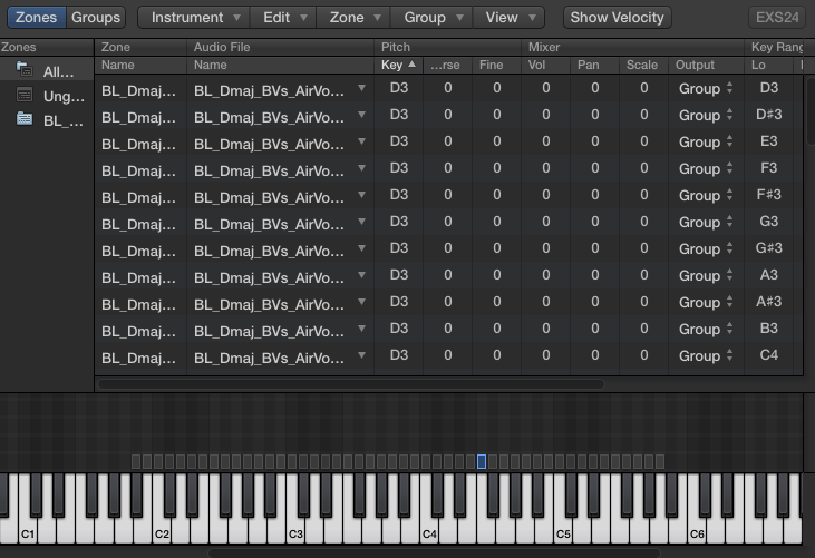 Logic Pro Sampler editor with reverse mode selected and key range extended