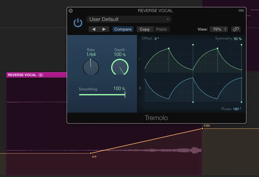 Logic Pro tremolo plugin on a reverse reverb channel with automation lane visible