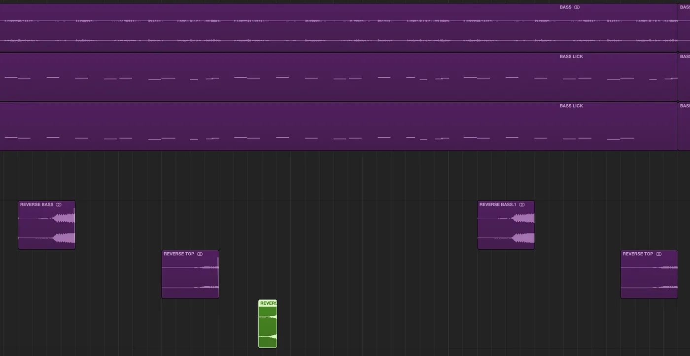Logic Pro arrangement view showing reversed audio clips layered with forward melody
