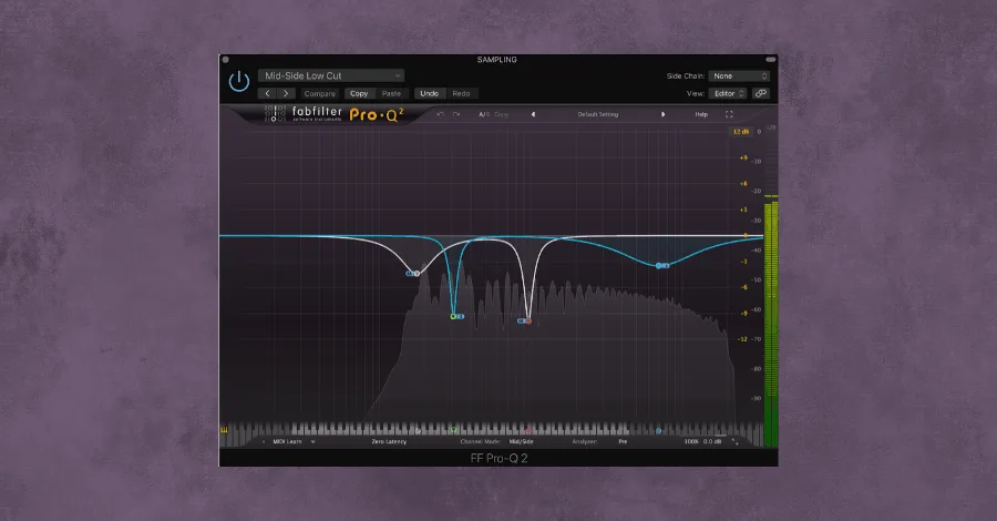 Mid-side EQ applied to isolate and remove unwanted resonant frequencies from a sample
