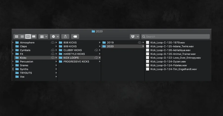 Sample library folder structure showing kicks organized by artist tag and year