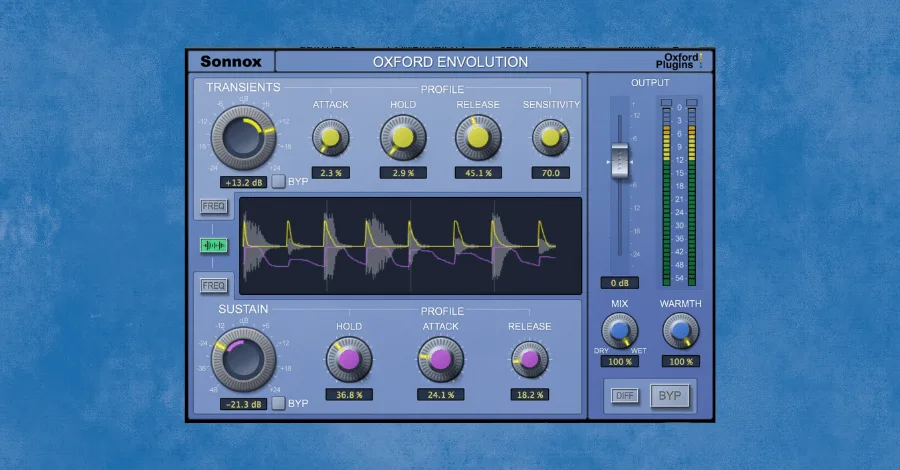 Sonnox Oxford Envolution plugin interface showing attack and release shaping on a percussion sample