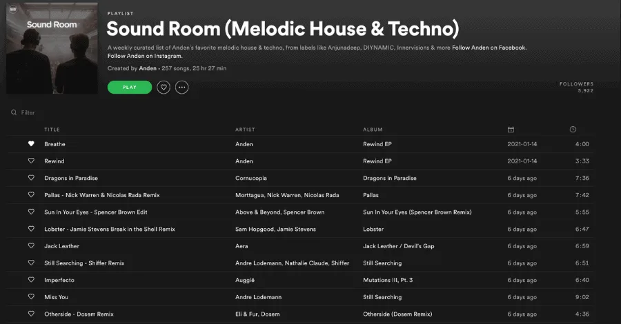 Anden's artist playlist always updated with whatever they're currently playing in their gigs