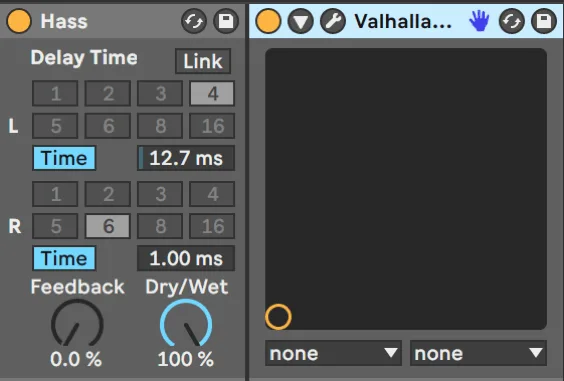 Stereo reverb panning setup showing two reverb busses spread left and right in a mix