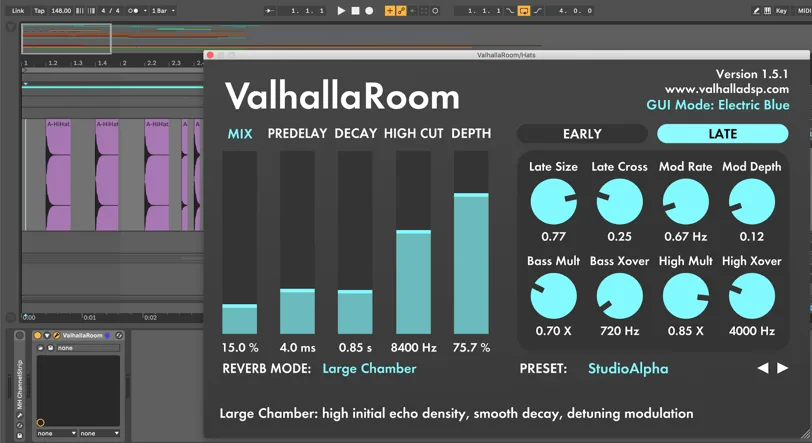 Valhalla Room reverb plugin inserted on a hi-hat track with mix at 15%